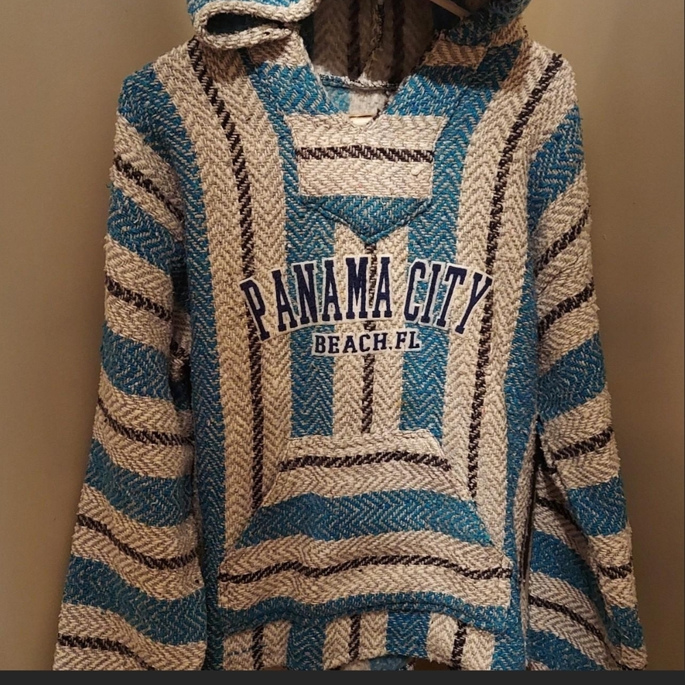 VTG Sufer Beach Mexican Blanket retro Baja pullover Hoodie poncho jacket XL